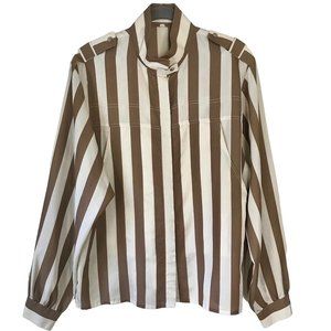 Vintage 90s Off White and Brown Striped Standing Collar Jacket/Top